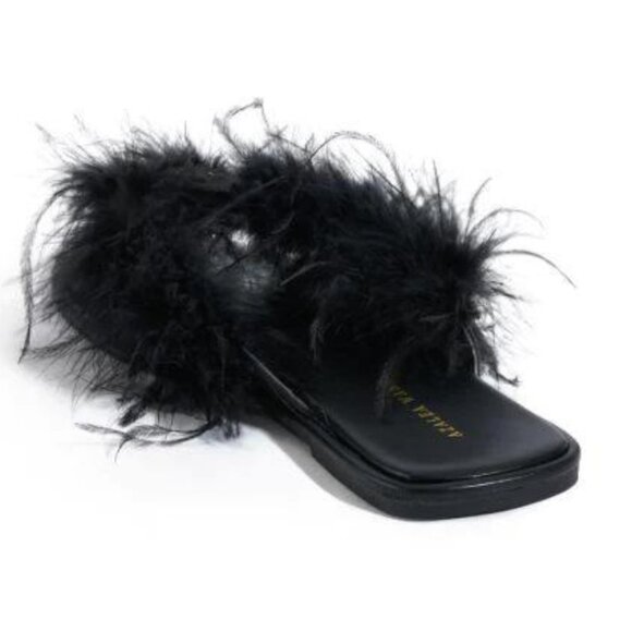 AZALEA WANG Pammy Black Maribou Feather Flat Thong Sandals Slippers 7.5 NWT - Picture 2 of 16